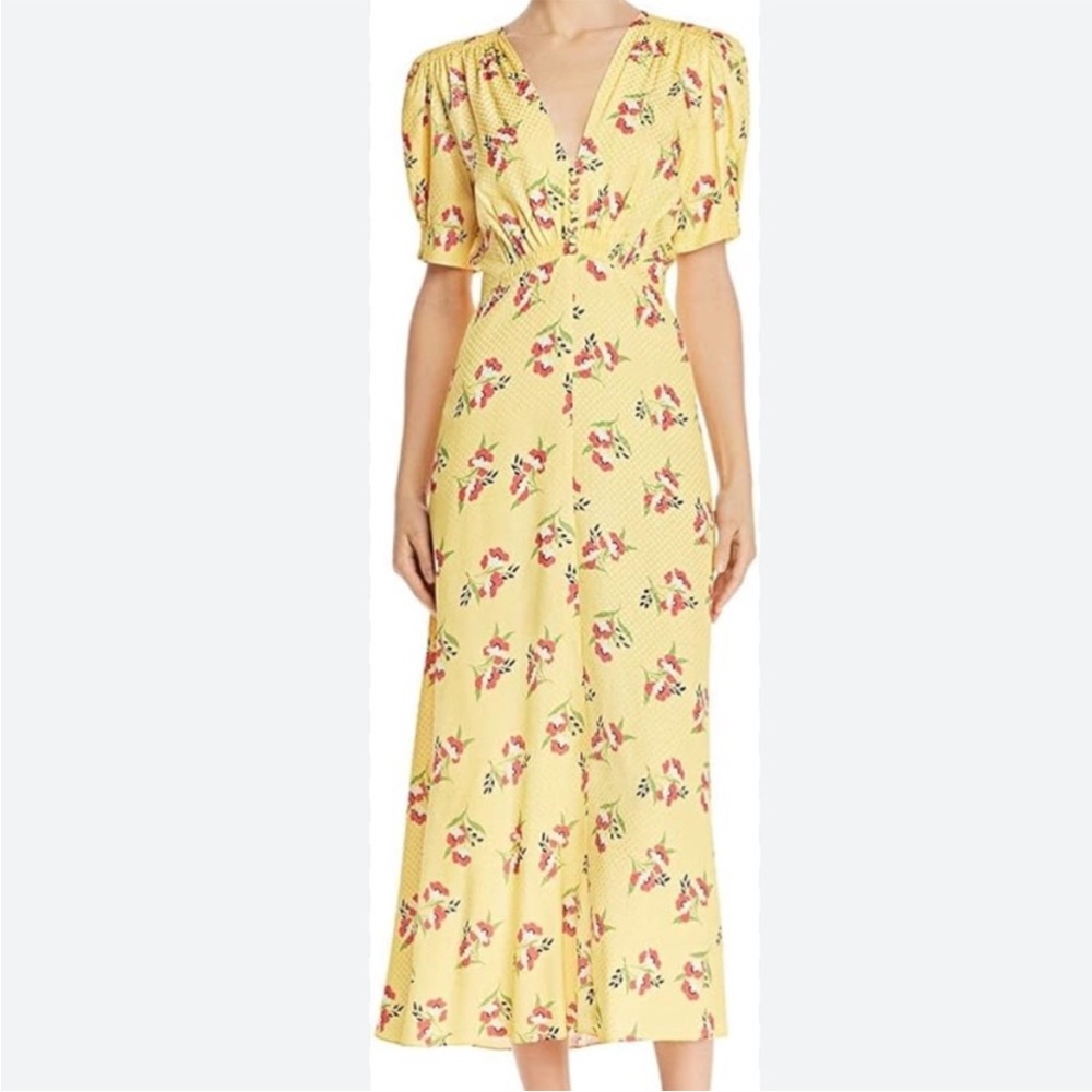 Jill Stuart Lemon Floral V-Neck Short Sleeve High Waist Flare Dress. Size 8.
